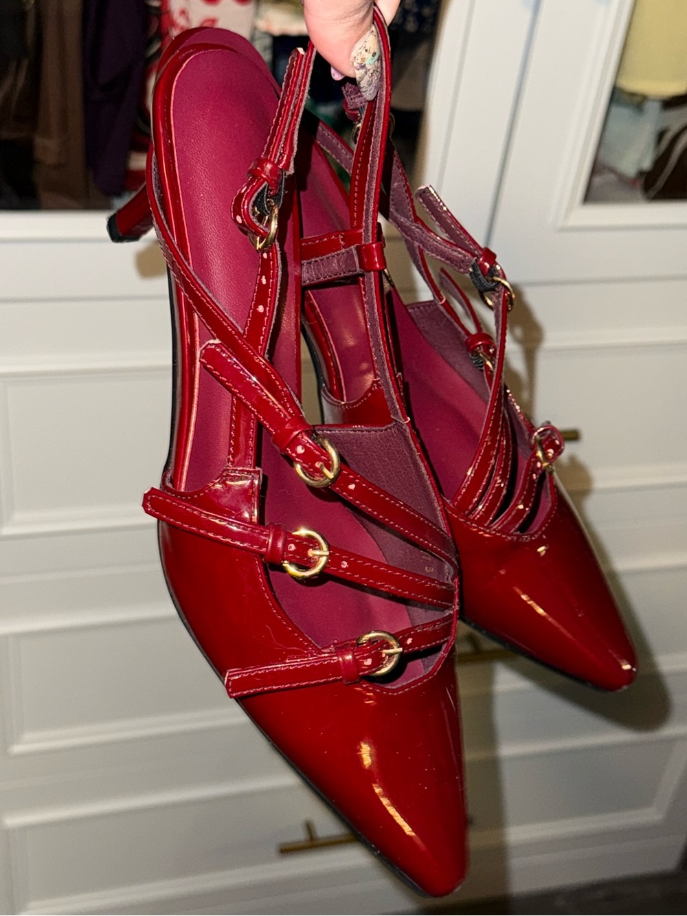 Red Pointed Toe Strappy Women's Kitten Heels